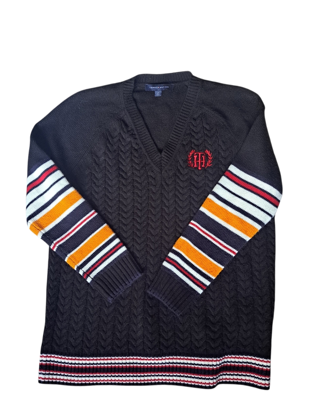 Tommy Hilfiger Mens Sweater Large Cable Knit V Neck Crest Logo Striped Preppy